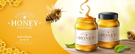 Pure honey banner ads with cute honey be... | Premium Vector #Freepik #vector #bee-honeycomb #honey-bee #honey #honey-jar Honey Illustration, Honey Images, Cute Honey Bee, Honey Art, Honey Label, Herbal Drinks, Best Honey, Pure Honey, Small House Design Plans