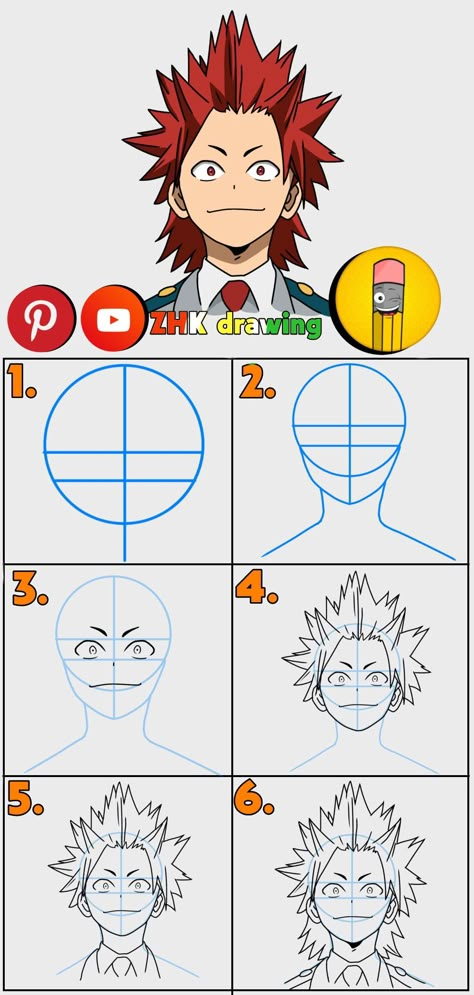 Subscribe to my channel for more tutorial #eijiro #krishima #myheroacademia #draw #drawing #anime #tutorial How To Draw Kirishima, How To Draw All Might, Mha Tutorial, How To Draw My Hero Academia Characters, Face Pattern Drawing, Face Art Drawing Sketches, Anime Drawing Step By Step, Drawing Anime Tutorial, Anime Character Design References