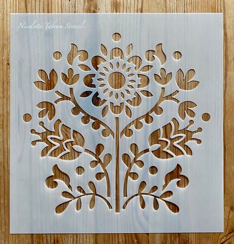 Scandinavian Stencil Patterns, Scandinavian Folk Art Stencil, Scandinavian Stencil, Diy Wall Stencil, Floral Painted Furniture, Fabric Stencil, Stenciled Doors, Furniture Stencil, Scandi Furniture