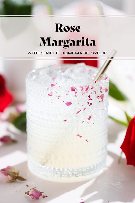 This Rose Margarita is a floral twist on the classic cocktail made with homemade rose syrup. It's super easy to put together and it's a hit at every party! It's also the perfect cocktail for Valentine's Day or Mother's Day! Rose Syrup Drinks, Rose Syrup Cocktail, Valentine's Day Cocktails, Valentine S Day Cocktails, Rose Margarita Recipe, Valentines Day Party For Adults, Rose Margarita, Floral Margarita, Valentines Cocktails Drink Recipes