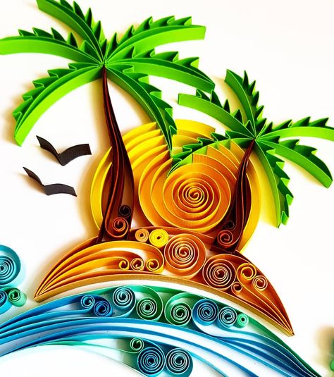 #beach #island #palm #beachlife #paperart #gift #giftideas #original #originalartwork #uniquegifts #uniquegift #giftforhim #giftforher… Teknik Quilling, Quiling Paper Art, Wall Art Paper, Arte Quilling, Paper Quilling For Beginners, Quilling Work, Quilling 3d, Paper Quilling Patterns, Quilled Paper Art