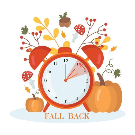 Daylight saving time concept.Alarm clock  on the autumn leaves and pumpkins background. The reminder text - set clock back one hour. Vector illustration Set Clocks Back, Daylight Saving Time Ends, Time Clipart, Time Concept, Daylight Saving Time, Garlic Crusher, Clocks Back, Inspiration Wallpaper, Daylight Saving