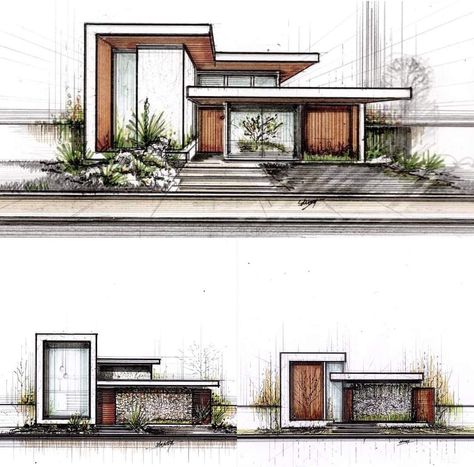 Facade Architecture Drawing, House Design Sketch, Colorful House Exterior, Renderings Architecture, Facade Sketch, Elevation Designs For House, Exterior Facade Design, Residence Elevation, Home Elevation Design