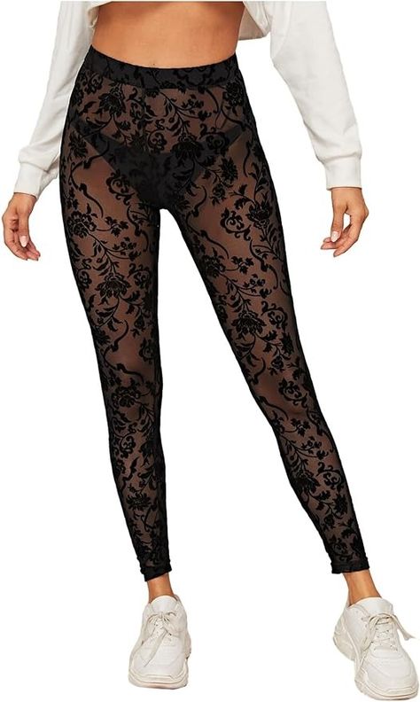 SweatyRocks Women's Floral Sheer Mesh Leggings Stretchy High Waist Pants Black XL at Amazon Women’s Clothing store Maneskin Concert, Cute Outfits For Women, Concerts Outfits, Sheer Leggings, Metallic Pants, Bodysuit Top, Mesh Leggings, Punk Rock Fashion, High Waist Pants