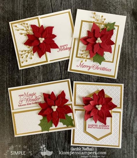 Stamping Christmas Card Ideas, Pointsetia Christmas Cards, Card Making For Christmas, Su Christmas Cards Ideas, Beautiful Christmas Cards Handmade Easy, Poinsettia Cards Ideas, Beautiful Handmade Christmas Cards, Christmas Cards With Poinsettias, Christmas Cardmaking Ideas