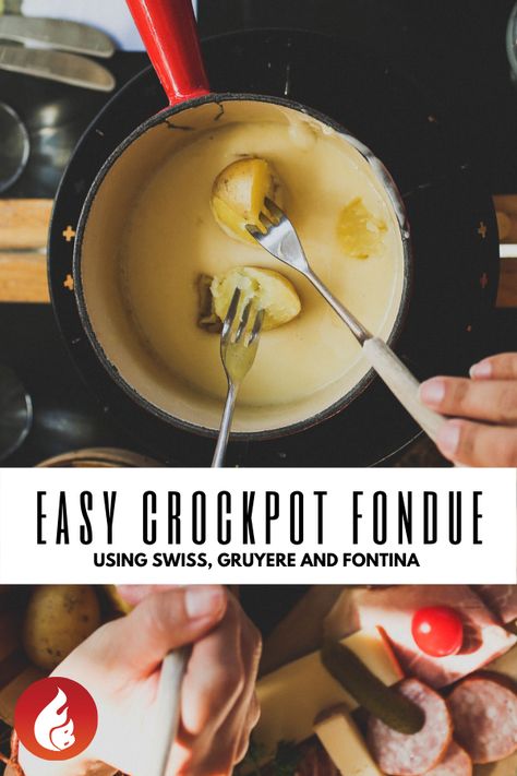 No fondue pot? No problem! Achieve a stretchy, tasty, cheese fondue in your slow cooker. Fondue Recipes Crockpot, Crock Pot Fondue Cheese, Slow Cooker Cheese Fondue, Cheese Fondue In Crockpot, Fondue In A Crock Pot, Fondue In Crockpot, Meat Fondue Ideas, Crockpot Cheese Fondue Recipe, Fondue Without A Fondue Pot