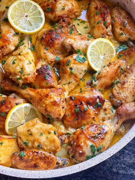 Lebanese Style Baked Garlic-Lemon Chicken & Potatoes – Mamaghanouj Tangine Chicken Recipe, Lebanese Baked Chicken, Dry Oregano, Lebanese Chicken, Weekend Food, 2024 Recipes, Food Fest, Lemon Garlic Chicken, Baked Garlic