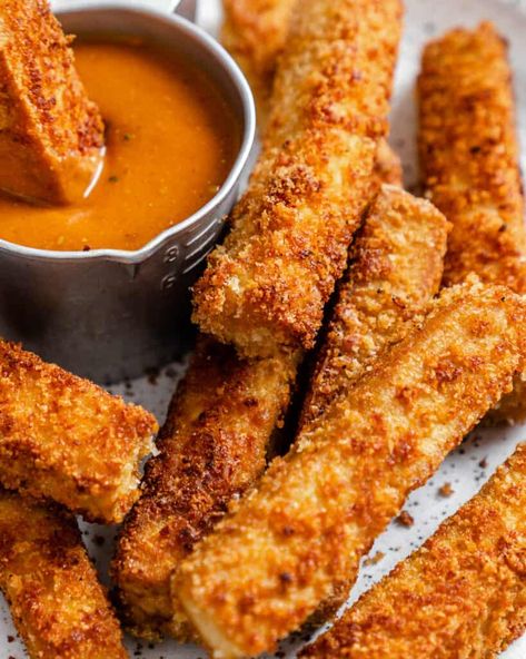 Make super crispy breaded tofu sticks with just 5 base ingredients and a pan, oven, or air fryer. Delicious, versatile, and easy to make gluten-free and adapt with your seasoning and coating of choice! #vegan #breaded #tofu #strips Breaded Tofu, Pan Fried Tofu, Fry Bake, Vegan Barbecue, Vegetarian Barbecue, Gluten Free Bread Crumbs, Firm Tofu, Pan Fry, Baked Fries