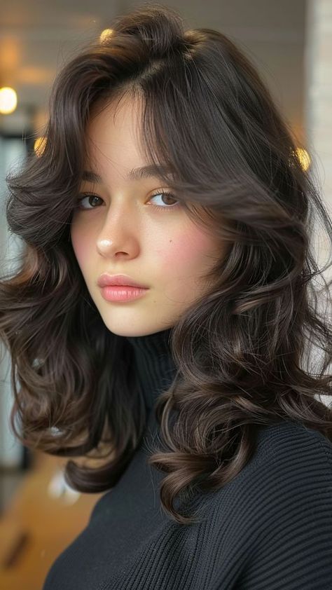 Trendy New Haircuts For Women, Face Framing Curtain Bangs On Curly Hair, Cute Hairstyles With Bangs Medium, Medium Length Layered Hair With Curtain Bangs, Collarbone Length Hair Wavy, Long Bang Haircut, Short Haircut For Long Face, Front Bangs With Medium Hair, Shoulder Length Haircut For Wavy Hair