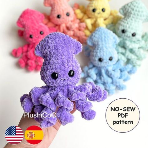 Baby Squid No Sew CROCHET PATTERN, Amigurumi Octopus plush Kawaii Stuffed Animal, Plushie  #crochetpattern #crochetpatternsamigurumi #crochetamigurumi #cuteamigurumi #crochetplushies No Sew Crochet Pattern, Amigurumi Eyes, No Sew Crochet, Baby Squid, Amigurumi Octopus, Octopus Crochet Pattern, Octopus Plush, Plush Yarn, Crochet Octopus