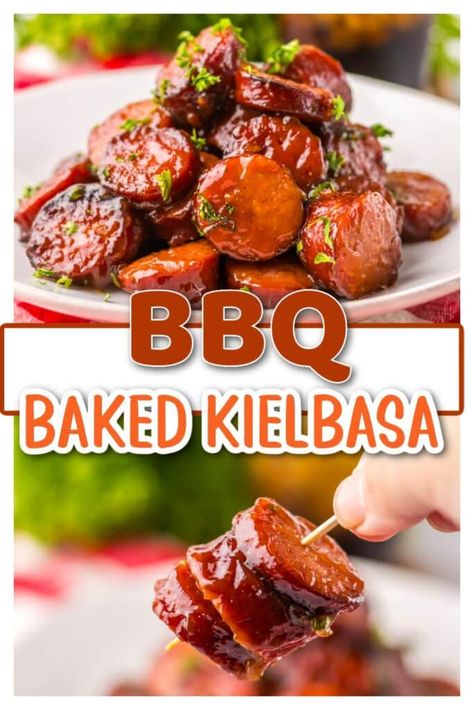 baked bbq kielbasa, baked smoked sausage, bbq kielbasa, bbq smoked sausage, kielbasa recipes, smoked sausage recipes Kielbasa With Bbq Sauce, Easy Dinner Ideas Kielbasa, Bbq Kielbasa Crockpot, Bbq Baked Sausage, Bbq Kielbasa Recipes, Kielbasa Burnt Ends, Appetizer Recipes Kilbasa, Kielbasa Sausage Recipes Crockpot, Kabasa Appetizers