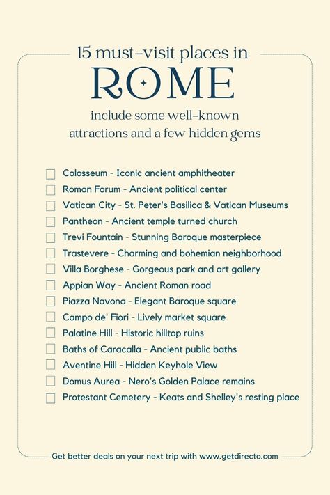 Essential Items to Remember on Your Travel Checklist Rome Italy Checklist, To Do In Rome Italy, Rome Bucket List Things To Do, Best Places To Visit In Rome, Europe Travel List, Places To Travel In Italy, Rome Checklist, Things To Do In Italy Bucket Lists, Rome To Do