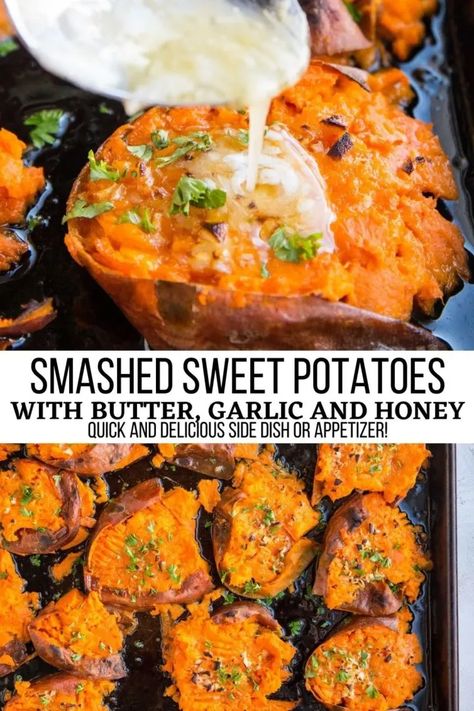 Garlic And Honey, Smashed Sweet Potatoes, Sweet Potato Side Dish, Sweet Potato Sides, Crispy Sweet Potato Fries, Crispy Sweet Potato, Potato Sides, Potato Side Dishes, Veggie Side Dishes