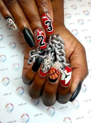 Long Nails Easy Designs, Basketball Gel Nails, Jordan Nails Designs, Space Jam Nails, 23rd Birthday Nail Ideas, Basketball Nails Designs, Nails With Writing, March Madness Nails, Basketball Nail Designs