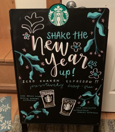 Starbucks New Years Sign, Chalkboard Word Art, Starbucks Oleato Board, Starbucks A Frame Sign, Starbucks Chalkboard Art Pistachio, Oleato Starbucks Sign, Coffee Shop Boards Chalkboards, Starbucks Manager, Starbucks Winter Chalkboard