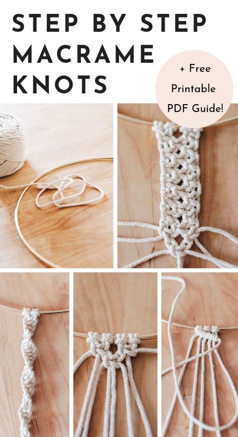 Finally Learn Macrame!  With this step by step guide to Basic Macrame Knots - you'll be on your way in no time.  Includes a free printable pdf for future reference.   Save this pin and click through to pick up your hobby! #DIY #diyhomedecor #macrame #macrameknots #crafts #tutorial Diy Macrame Knots Tutorials, Macrame Step By Step Photo Tutorial, Macrame Patterns Beginner Step By Step Free, Macromay Patterns, Macrame Jewelry Holder Diy, Learn To Macrame, Macrame Leash Diy, Diy Macrame Knots, Macrame Square Knots Step By Step