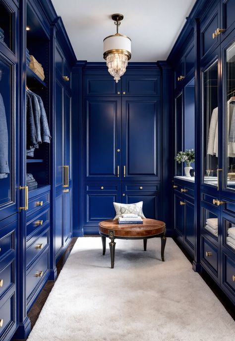 Walk in Closet Ideas Blue Closet Room, Navy Blue Walk In Closet, Blue Closet Ideas, Blue Closet Aesthetic, Closet Paint Colors Walk In, Two Tone Closet, Men’s Closet Ideas, Blue Walk In Closet, Walk In Closet Paint Colors