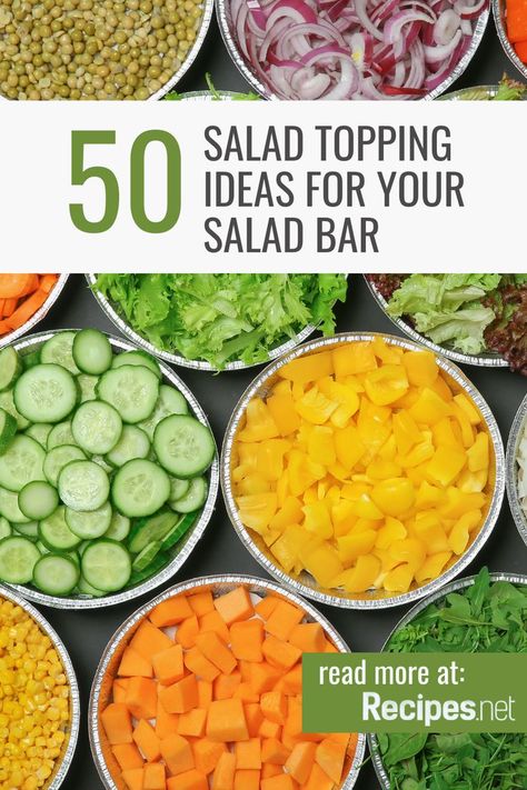 A Huge Spread of Salad Toppings on a Salad Bar - 50 Ideas For Your Bars Salad Bar Toppings, Salad Bar Ingredients, Salad Bar Party, Salad Toppings Ideas, Diy Salad Bar, Salad Buffet, Salad Topping, Unique Salad, Fattoush Salad