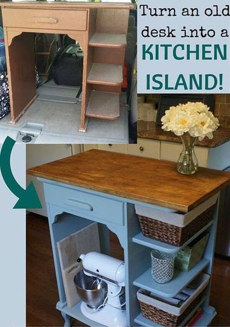 Desk Into Kitchen Island, Dresser Into Kitchen Island, Repurposed Furniture For Kitchen, Portable Island, Upcycle Desk, Build Kitchen Island, Recycle Table, 2x4 Wood Projects, Repurposed Kitchen