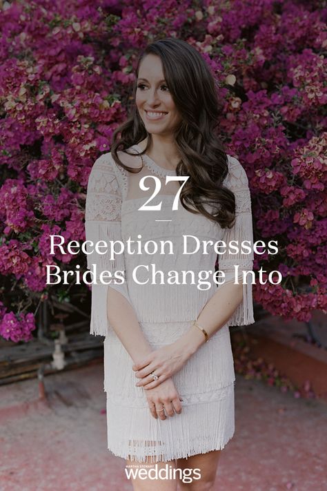 Click to get inspiration for your wedding reception dress that you can change into. Here are 27 wedding dresses that real brides changed int of or their wedding reception. #WeddingDress #WeddingReceptionDress #Ideas #Inspiration #Wedding #Bride #Bridal #Details | Martha Stewart Weddings - 21 Reception Dresses Brides Changed Into for Their Parties Bridal Change Dress, Brides Dress For Reception, Bridal After Party Outfit Casual, Second Bride Dress For Reception, Non Traditional Reception Dress, Reception Exit Dress, Second Outfit For Bride Reception, Bride Reception Party Dress, Reception Change Dress