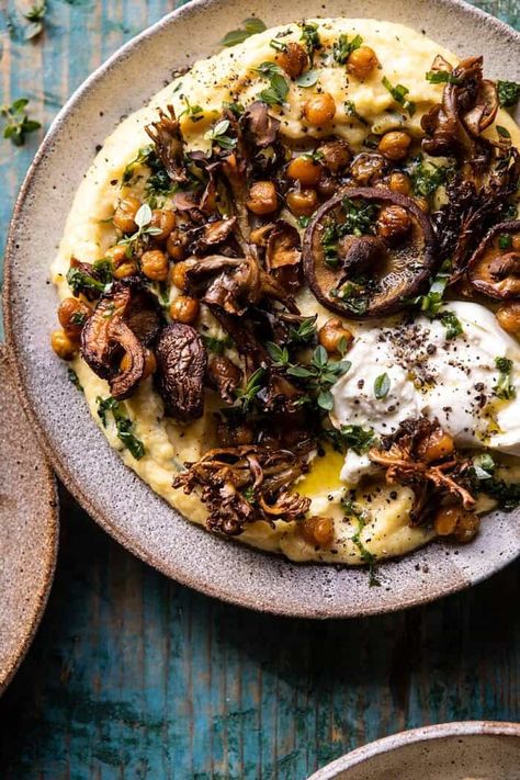 Pesto Polenta with Thyme Roasted Mushrooms and Chickpeas | halfbakedharvest.com #pesto #polenta #mushrooms #easyrecipes Vegetarian Recipes With Mushrooms, Pesto Polenta, Mushroom Food, Cauliflower Hummus, Polenta Recipes, Roasted Mushrooms, Half Baked, Half Baked Harvest, Vegetarian Meals