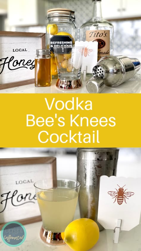 Bees Knees Drink Recipe, Honey Cocktails Drink Recipes, Honey Vodka Cocktails, Honey Alcoholic Drink, Peach Vodka Drinks Easy, Bee’s Knees Cocktail, The Bees Knees Cocktail, Bee Themed Cocktails, Bees Knees Cocktail Recipe