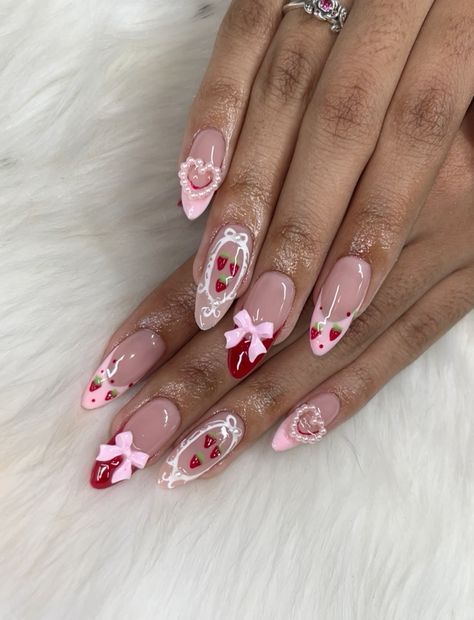 strawberry nails 🍓🍰 #nails #naildesign #nailartistry #nailart #manicure #pedicure #nailsofinstagram #instanails #naillenspiration #nailtrends #nailgoals #prettynails #cutenails #fancynails #acrylicnails #gelnails #longnails #shorthnails #Valentine'sdaynails #Valentine'sday Pearl Pink Valentines Nails, Valentine Coquette Nails, Cute Almond Valentines Nails, Nail Inspo Almond Valentines, Adorable Nail Designs, Nails Pink Strawberry, Cute Pink Valentines Nails, Coquette Valentines Day Nails, Strawberry Shortcake Acrylic Nails