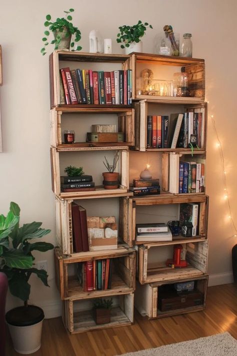 "Create stylish storage with a DIY Wooden Crate Bookshelf! 🛠️📚 Perfect for adding rustic charm and functionality to any room. 🌟✨ #WoodenCrates #DIYProjects #BookshelfDesign" Wooden Crate Bookshelf, Diy Wooden Crate, Rustic Bookshelf, Crate Bookshelf, Diy Apartment Decor, Bookshelf Design, Crate Storage, Wooden Crates, Wooden Crate