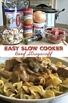 EASY SLOW COOKER BEEF STROGANOFF - Family favorite go-to cold weather meals is made even easier with this fantastic slow cooker recipe! Beef stew meat is slow cooked in a rich, creamy mushroom gravy sauce, cooked to tender perfection then served over eggs noodles. A hearty, stick-to-your bones, warm you up meal that’s always a hit!! #SlowCooker #CrockPot #BeefStroganoff #Beef #Recipe Crockpot Beef Stroganoff With Chuck Roast, Crockpot Stroganoff Recipes, Easy Beef Stroganoff Crockpot, Beef Stroganoff Crock Pot Recipes, Beef Stroganoff Crockpot Easy, Easy Crockpot Beef Stroganoff, Chocolate Krispies, Crockpot Stroganoff, Crock Pot Stroganoff