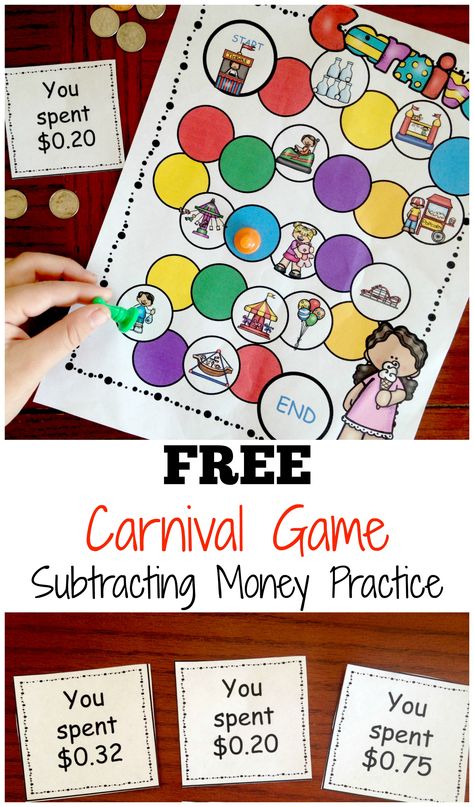 FREE Carnival Subtracting Money Game - this free printable money games is a great way for 2nd grade and 3rd grade students to practice subtracting money while having fun. This educational game is perfect for homeschool, after school, summer learning, math centers, and extra practice. Free Printable Money, Money Math Games, Money Games For Kids, Math Money, Real Life Math, Math Night, Free Worksheets For Kids, Printable Money, Money Math