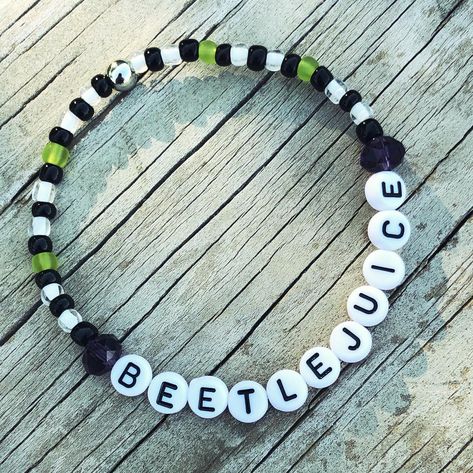 Beetlejuice Broadway Themed Bracelet! Perfect gift for Beetlejuice fan! Share and remember each moment! The perfect gift to compliment tickets to a show, a gift for a fan to enjoy, or a celebration of an upcoming performance by a friend in a show! So many reasons to Share, Sparkle and SHINE!  A portion of the proceeds from Broadway Bracelets sold by The Gift Shop by TCS will be donated to BROADWAY CARES!  "Broadway Cares/Equity Fights AIDS is the philanthropic heart of Broadway, helping people a Halloween Jewelry Diy Bracelets, Beetle Juice Bracelets, Beetlejuice Jewelry Diy, Beetlejuice Bracelet Ideas, Beetlejuice Bracelet, Halloween Bracelet Ideas, Beetlejuice Broadway, Bracelet Making Ideas, Pulseras Kandi