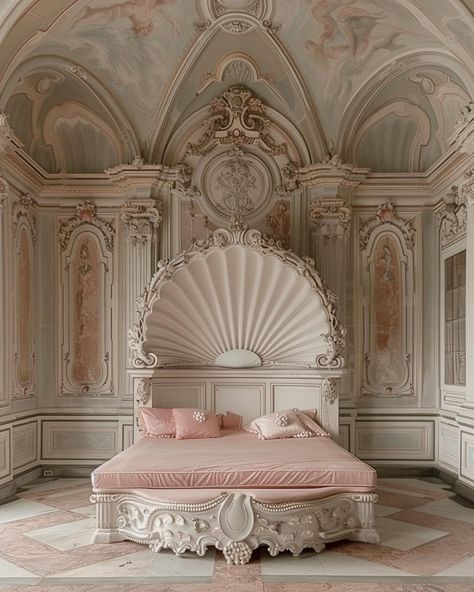 bed for pearls🪞 Peach Bedrooms, Pearl Bed, Pearl Bedroom, Palace Bedroom, Modern French Chateau, Peach Bedroom, Pearl House, Princess Vibe, Royal Bed