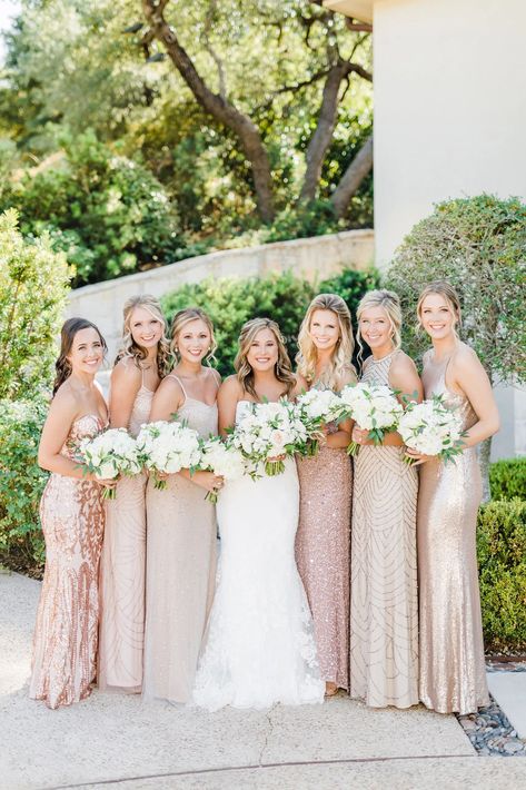 Event thought their blush bridesmaids dresses were different, these bridesmaids all sparkle the same! Gold And Blush Bridesmaid Dresses, Rose Gold Mismatched Bridesmaid Dresses, Mismatched Bridesmaids Dresses Pink, Blush And Champagne Bridesmaid Dresses Mismatched, Mismatched Blush Bridesmaid Dresses, Sparkle Bridesmaid Dress, Blush Bridesmaids Dresses, Adrianna Papell Bridesmaid, Sparkly Bridesmaid Dress