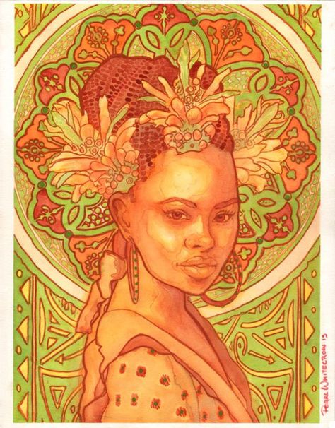 Wild Dagga - Psychedelic Art - Bright Orange - Bright Green - African Goddess - Art Nouveau style Or Wild Dagga, Blk Art, African Goddess, Goddess Artwork, Goddess Art, Trippy Art, Women Art, Pastel Painting, Black Women Art