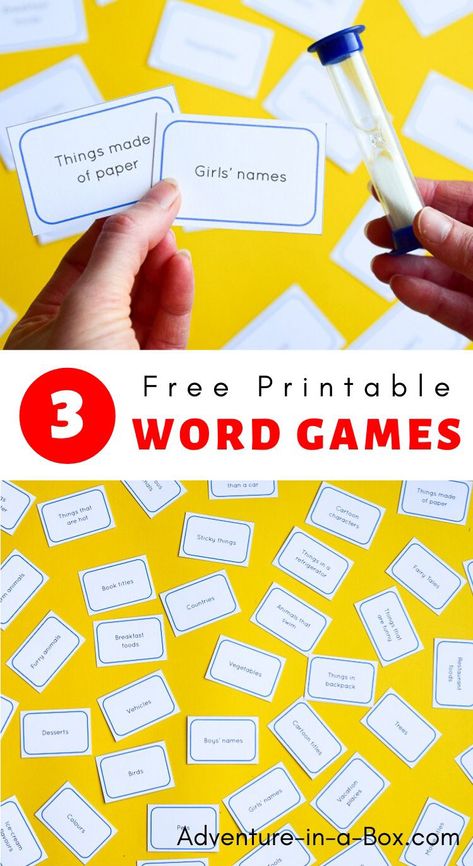 Use over 100 cards with family-friendly categories and play these three free printable word games. Fun for kids and adults! Word Games For Adults, Printable Word Games, Word Games For Kids, Esl Games, English Games, Game Template, Games For Adults, Classroom Games, English Activities