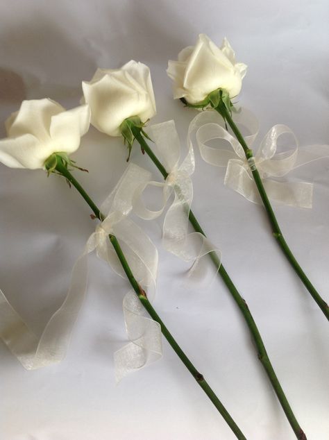 Single roses with ribbon for the bridesmaids                                                                                                                                                     More Single Stem Bridesmaid Flowers, Single Rose For Bridesmaids, Single White Rose Bridesmaid Bouquet, Single White Rose Bridesmaid, Bridesmaid One Flower, Bride Maids Bouquet Simple, One Rose Bridesmaid Bouquet, Single Flower For Bridesmaids, Single Rose Decoration