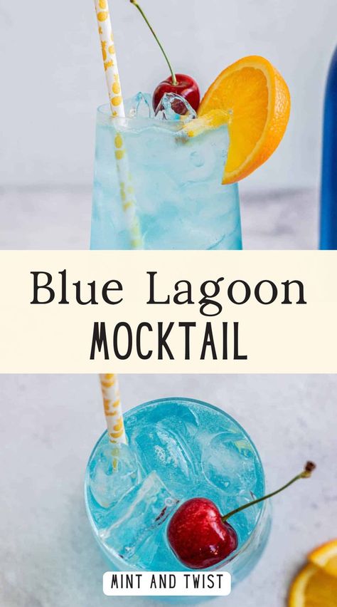 Enjoy this refreshing Blue Lagoon mocktail made with blue Curacao syrup, lemonade, lemon juice, and lots of ice. It's the perfect drink for a hot summer day! Curacao Recipes, Blue Curacao Recipe, Blue Mocktail Recipe, Blue Mocktail, Blue Lagoon Mocktail, Blue Curacao Drinks, Blueberry Simple Syrup, Blue Lagoon Cocktail, Blue Curacao Liqueur