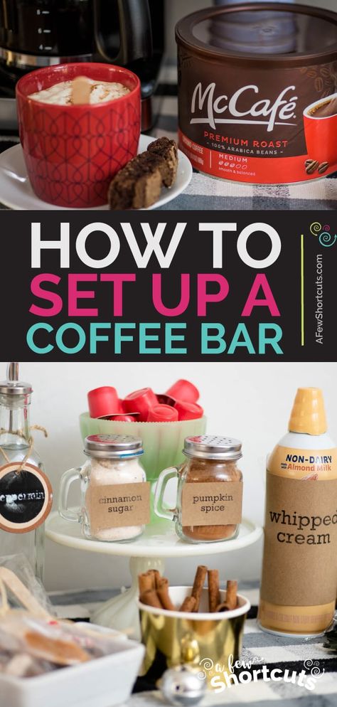 Home Coffee Bar Ideas, Coffee Bar At Home, Cafe At Home, Holiday Coffee Bar, Coffee Bar Party, Homemade Coffee Syrup, Bar At Home, Coffee Tips, Make Your Own Coffee