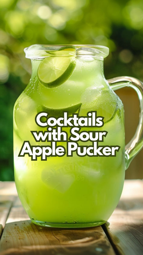 Cocktails with Sour Apple Pucker Pucker Sour Apple Drinks, Sour Pucker Drinks, Green Apple Liquor Drinks, Drinks With Apple Pucker, Sour Green Apple Cocktail, Apple Sour Cocktail, Green Apple Schnapps Drinks, Apple Pucker Cocktails, Green Apple Pucker Drinks