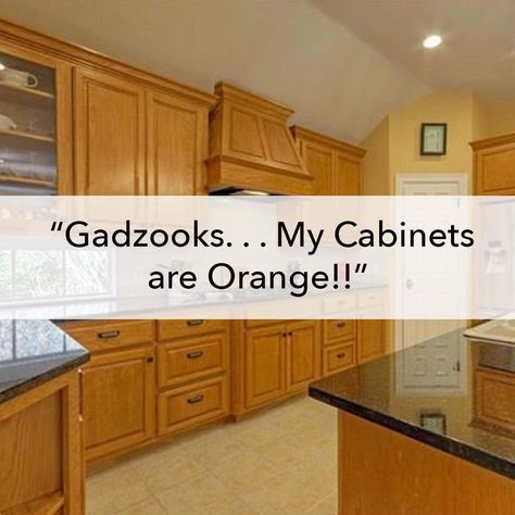 Updating Cabinets - If Your Kitchen is Outdated, There's Hope Orange Toned Wood Cabinets, Wooden Cabinet Makeover, Oak Cabinets Before And After, Cathedral Kitchen Cabinets Makeover, Honey Oak Kitchen Cabinets Update Without Paint, Update Yellow Oak Cabinets, Orange Cabinets Makeover, Kitchen Remodel With Maple Cabinets, Galley Kitchen With Oak Cabinets