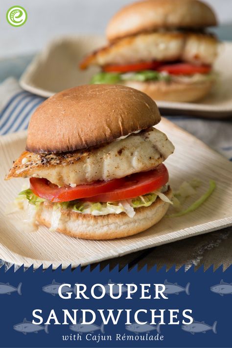 Grouper Sandwiches with Cajun Rémoulade | eMeals.com Grilled Fish Sandwich, Chicken Backs, Grouper Sandwich, Savory Sandwiches, Grilled Grouper, Grouper Recipes, Cajun Remoulade, Fish Sandwich Recipes, Cheese Wraps