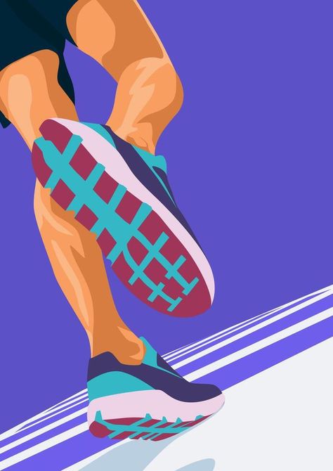 Runner's Legs Poster Illustration Design.Minimalist Sports Poster with Purple Background Color.Running Vector Flat Illustration Running Illustration Design, Abstract Sports Art, Sport Advertising Design, Running Track Illustration, Walkathon Poster, Running Art Illustration, Run Poster Design, Running Poster Design, Running Graphic Design