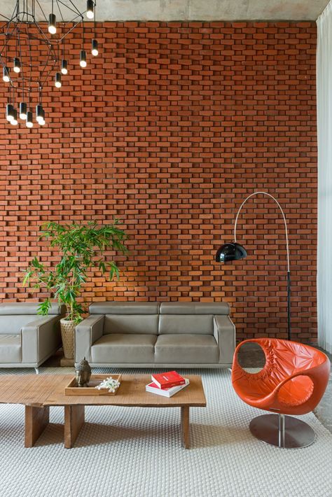 Brick Facade House | Design Work Group - The Architects Diary Living Room Brick Wall, Room Brick Wall, Brick Interior Design, Curtain House, Brick Tile Wall, Brick Wall Living Room, Brick Wall Decor, Brick Works, Brick Interior