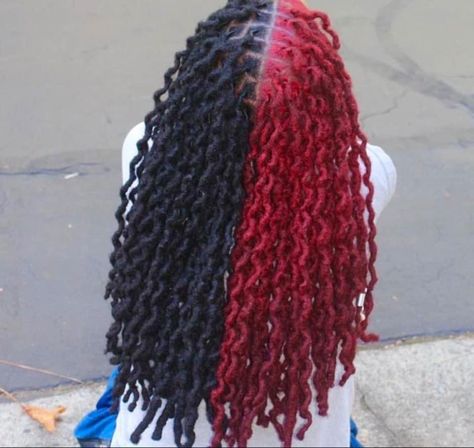 Half And Half Hair Color Locs, Half And Half Locs, Black Hair Locs, Dread Colors, Cute Locs, Dread Ideas, Dreadlocks Hairstyle, Dyed Dreads, Locs Color