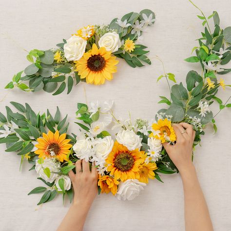 How to DIY Sunflower Arch Swag – Ling's Moment Sunflower Arch, Diy Sunflower, Sunflower Wedding Decorations, Floral Swags, Diy Wedding Arch, Wedding Swag, Sunflower Arrangements, Sunflower Themed Wedding, Sunflowers And Daisies