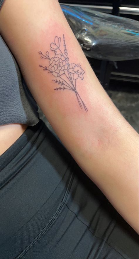 #flower #dainty #tattoo Tattoos For Someone Who Committed, Tattoo Right Above Inner Elbow, Bicep Bouquet Tattoo, Flower Bouquet Tattoo Inner Arm, Tattoo On Upper Arm For Women, Inner Arm Bouquet Tattoo, Medium Size Flower Tattoos, Wildflower Tattoo Bicep, Wildflower Tattoo Placement