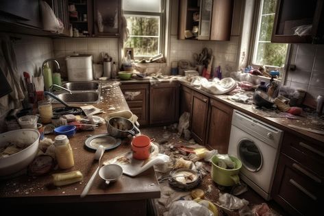 Photo kitchen messy dirty generate ai | Premium Photo #Freepik #photo #dirty-kitchen #dirty-dishes #messy-kitchen #dish-wash Messy Kitchen Aesthetic, Mars Aesthetic, Museum Of Emotions, Alien House, Photo Kitchen, Dirty Room, Expired Food, Interior Drawing, Dirty Kitchen