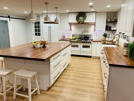 White cabinets butcher block countertops