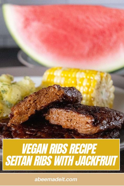 Tired of the same old meatless recipes? Look no further than this vegan ribs recipe made of smoky seitan with jackfruit! This delicious vegan ribs recipe packs a real punch of umami flavor thanks to the combination of marmite and mushroom powder in the vital wheat gluten seitan. #veganribs #seitanjackfruit #plantbaseddelight #meatlessmagic #crueltyfreeeats #veganbbq #meatfreemonday #deliciouslyvegan #healthyeating #easyveganrecipes #jackfruitlove #veganfoodie #bbqinspiration Vegan Pancake Recipe, Vegan Ribs, Canned Jackfruit, Vegan Barbecue, Vegan Pancake Recipes, Jackfruit Recipes, Meat Free Monday, Vegan Bbq, Vital Wheat Gluten