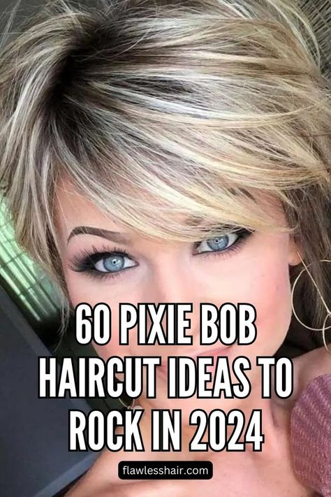 Pixie Bob Haircut For Women Over 40 Pixie Bob With Bangs, Short Stacked Bob Haircuts, Pixie Haircut Fine Hair, Shaggy Bob Hairstyles, Choppy Bob Hairstyles For Fine Hair, Bob Haircut Ideas, Stacked Haircuts, Longer Pixie Haircut, Stacked Bob Hairstyles